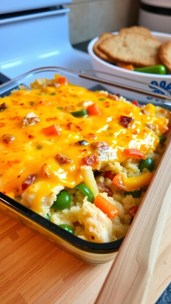 A golden brown cheesy chicken and rice casserole in an 8x8 dish, with mixed vegetables and a wooden spoon.